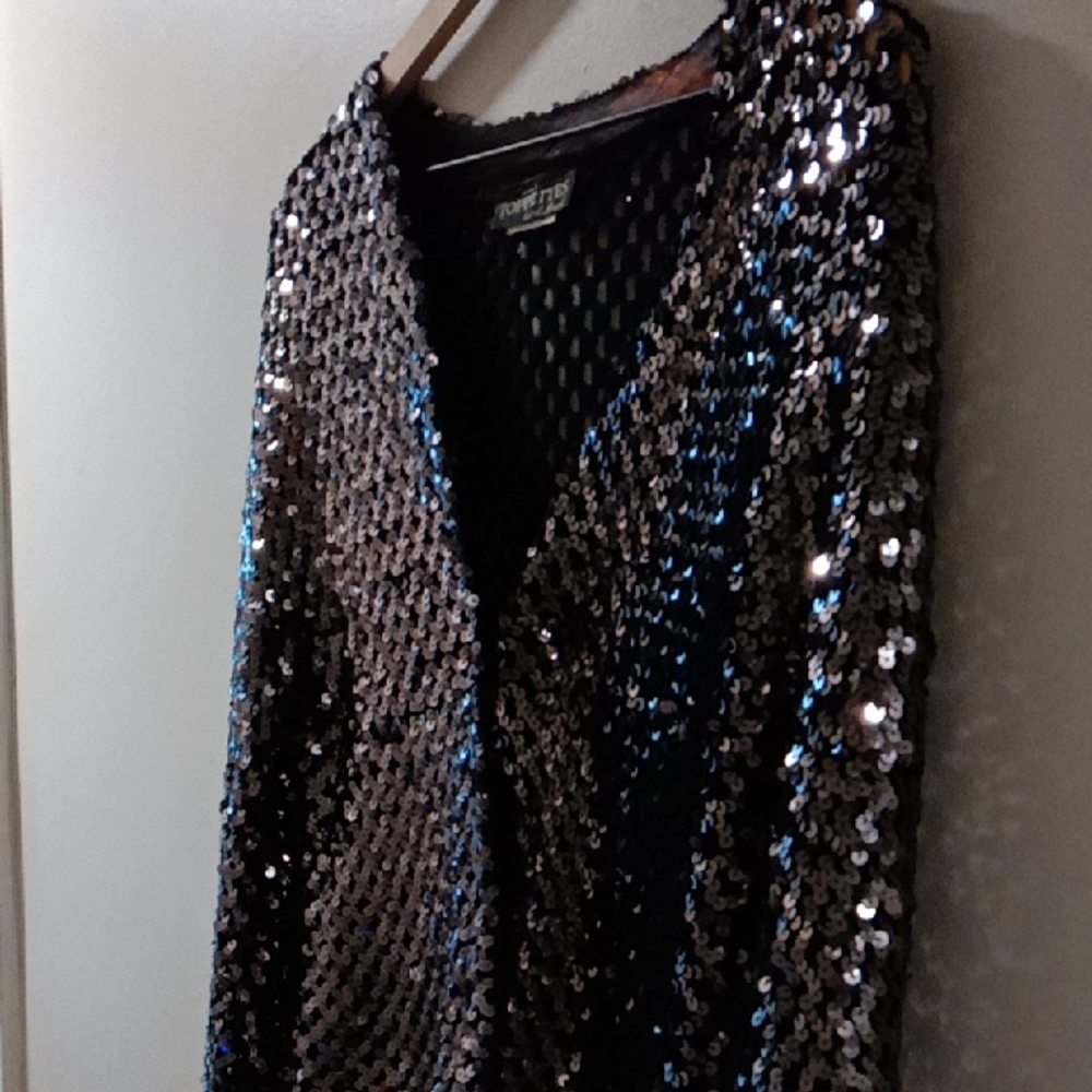 Vintage 70's Era Sequin Open-Front Jacket/Cardigan in Black and Silver